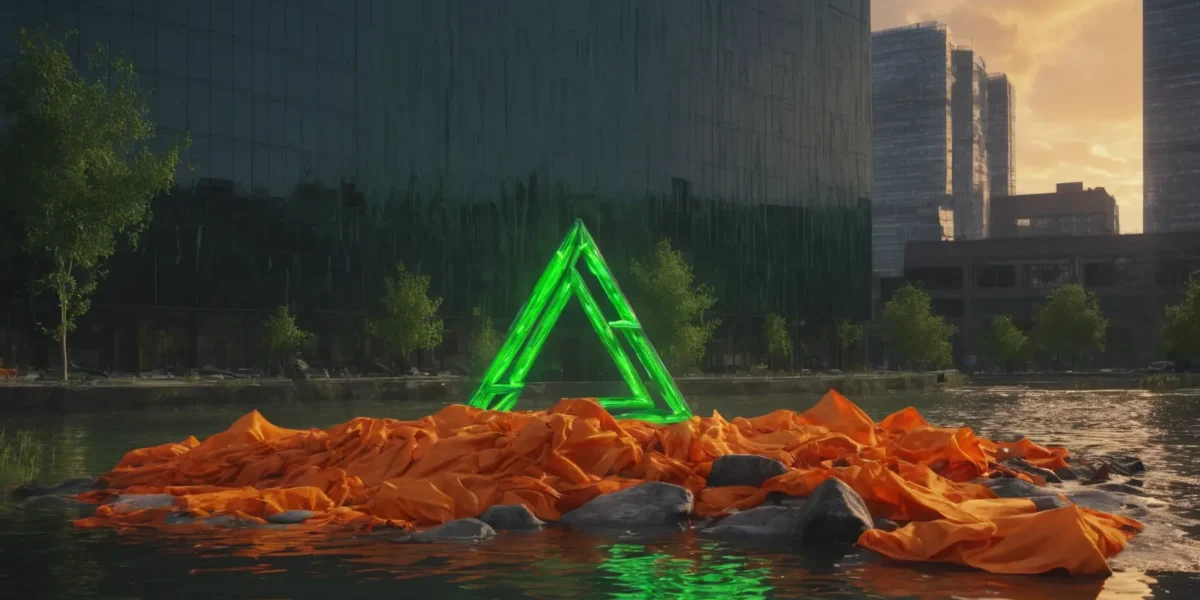 Un triangolo verde luminoso emerge da teli arancioni sull’acqua, davanti a edifici moderni al tramonto, con il marchio Scudo231.it.