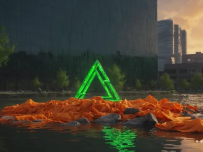 Un triangolo verde luminoso emerge da teli arancioni sull’acqua, davanti a edifici moderni al tramonto, con il marchio Scudo231.it.