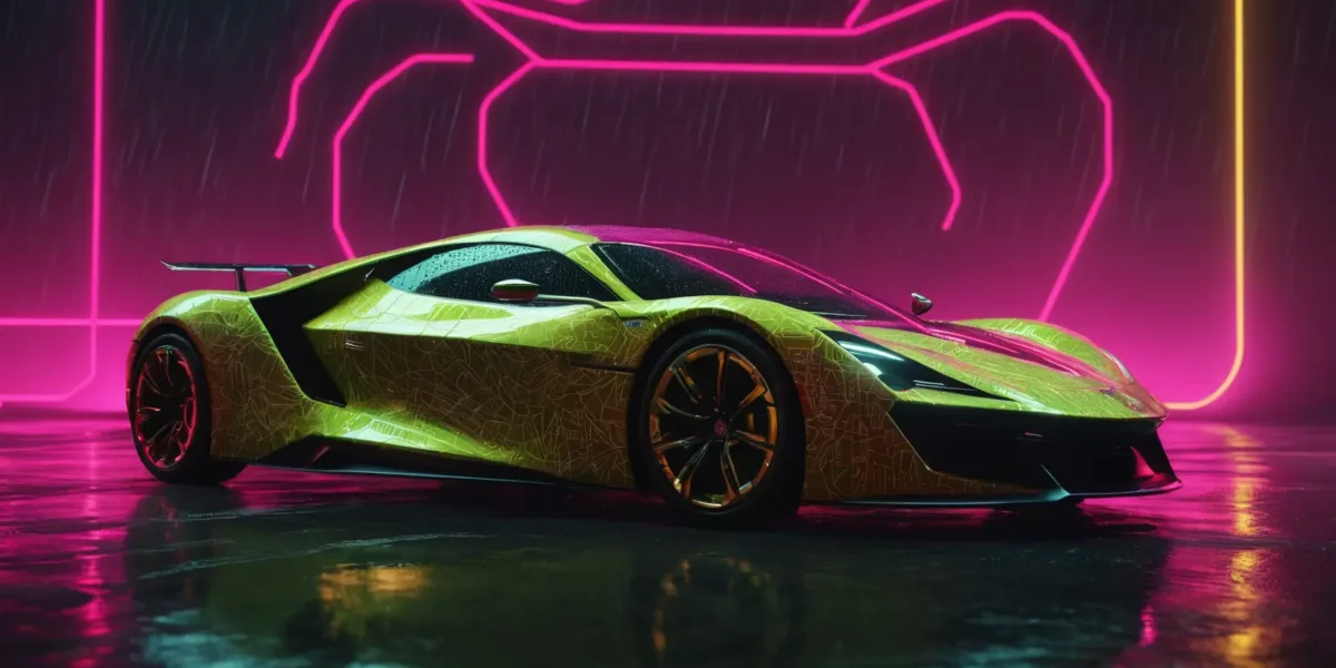 Una supercar verde lime con spoiler posteriore è ferma sul pavimento bagnato, illuminata da linee al neon fucsia e gialle.
