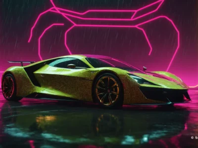 Una supercar verde lime con spoiler posteriore è ferma sul pavimento bagnato, illuminata da linee al neon fucsia e gialle.