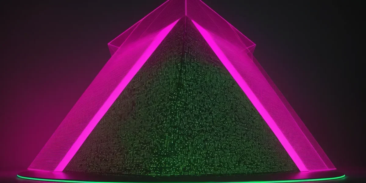 Una piramide digitale con fitte luci verdi e cornici magenta risalta nel buio; in basso compare la firma Scudo231.it.