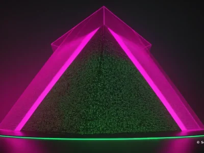 Una piramide digitale con fitte luci verdi e cornici magenta risalta nel buio; in basso compare la firma Scudo231.it.