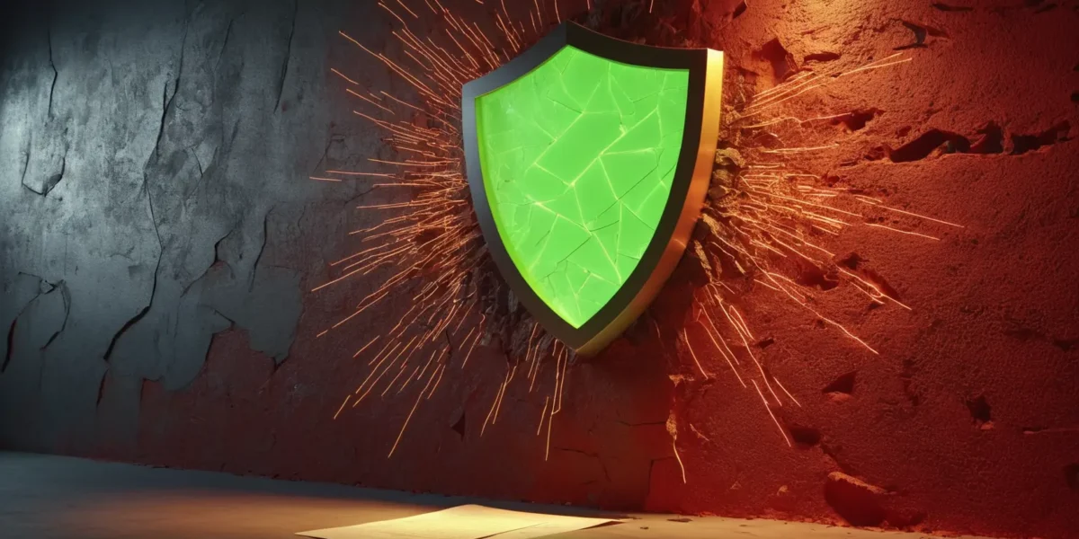 Uno scudo verde incrinato spicca tra le crepe e le scintille sulla parete, evocando protezione e sicurezza per Scudo231®.