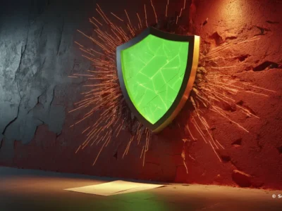Uno scudo verde incrinato spicca tra le crepe e le scintille sulla parete, evocando protezione e sicurezza per Scudo231®.