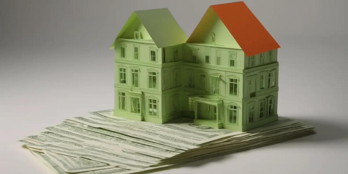 Un modellino di edificio verde con tetti verde e arancione poggia su una pila di banconote, evocando il valore economico degli immobili.