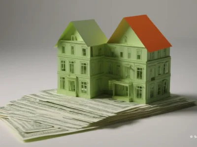 Un modellino di edificio verde con tetti verde e arancione poggia su una pila di banconote, evocando il valore economico degli immobili.