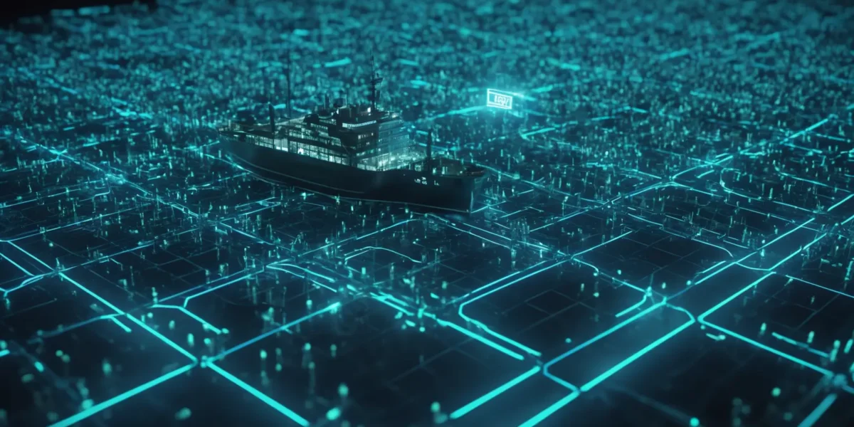 Una nave moderna emerge da una rete digitale luminosa, evocando la navigazione tra dati e controlli di conformità aziendale.