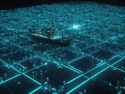 Una nave moderna emerge da una rete digitale luminosa, evocando la navigazione tra dati e controlli di conformità aziendale.