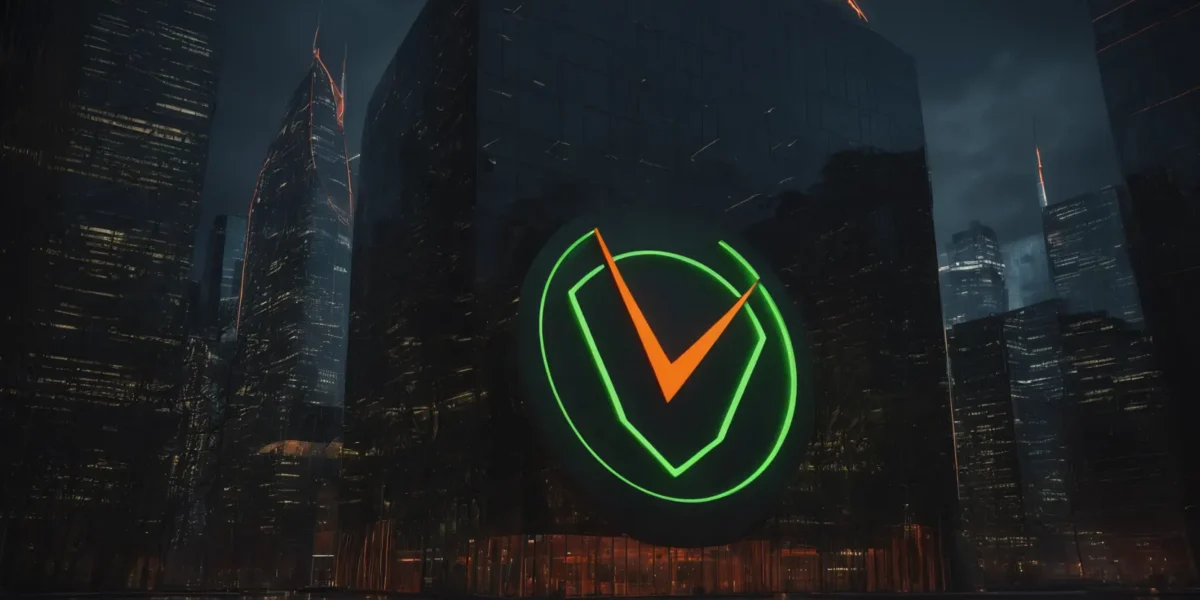 Tra i grattacieli illuminati di notte, uno scudo verde neon con spunta arancione richiama la conformità e la protezione aziendale.