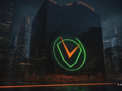 Tra i grattacieli illuminati di notte, uno scudo verde neon con spunta arancione richiama la conformità e la protezione aziendale.