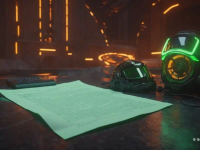 Su un tavolo scuro, un documento fitto di testo e una tastiera affiancano due caschi tecnologici con visiere verdi.