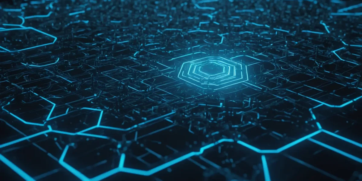 Circuiti blu luminosi convergono su un nucleo esagonale, richiamando la tecnologia digitale e la sicurezza informatica di Scudo231.it.