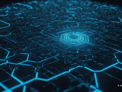 Circuiti blu luminosi convergono su un nucleo esagonale, richiamando la tecnologia digitale e la sicurezza informatica di Scudo231.it.