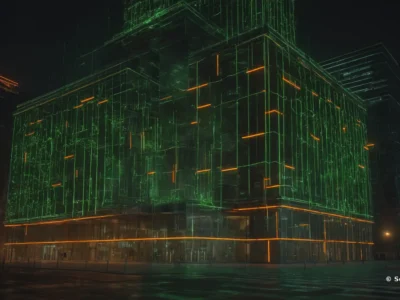 Linee verdi e arancioni delineano la facciata in vetro di un moderno edificio per uffici, immerso nel buio della città.
