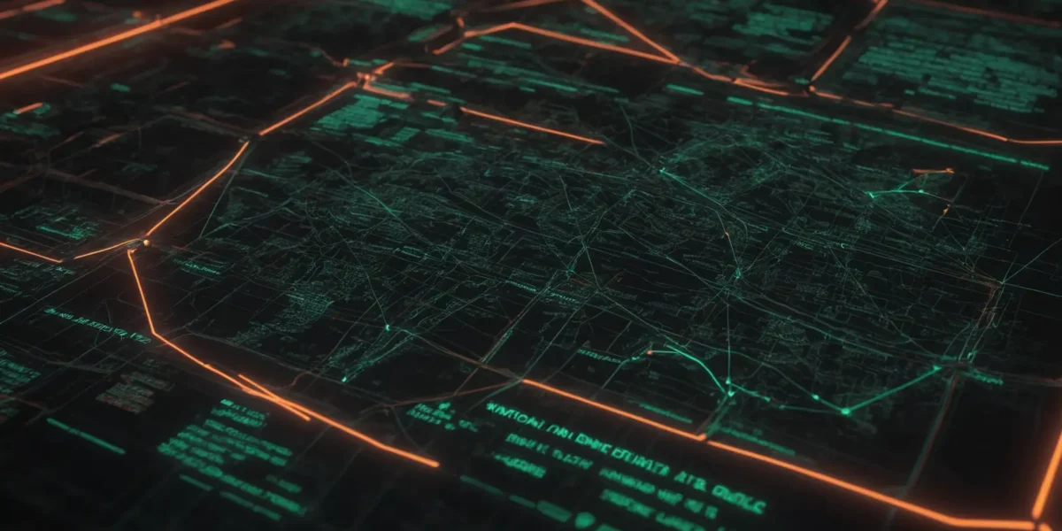 Una mappa digitale mostra percorsi e nodi interconnessi, con dati verdi e linee arancioni che richiamano la compliance aziendale.