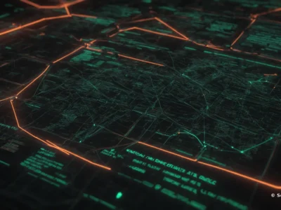 Una mappa digitale mostra percorsi e nodi interconnessi, con dati verdi e linee arancioni che richiamano la compliance aziendale.