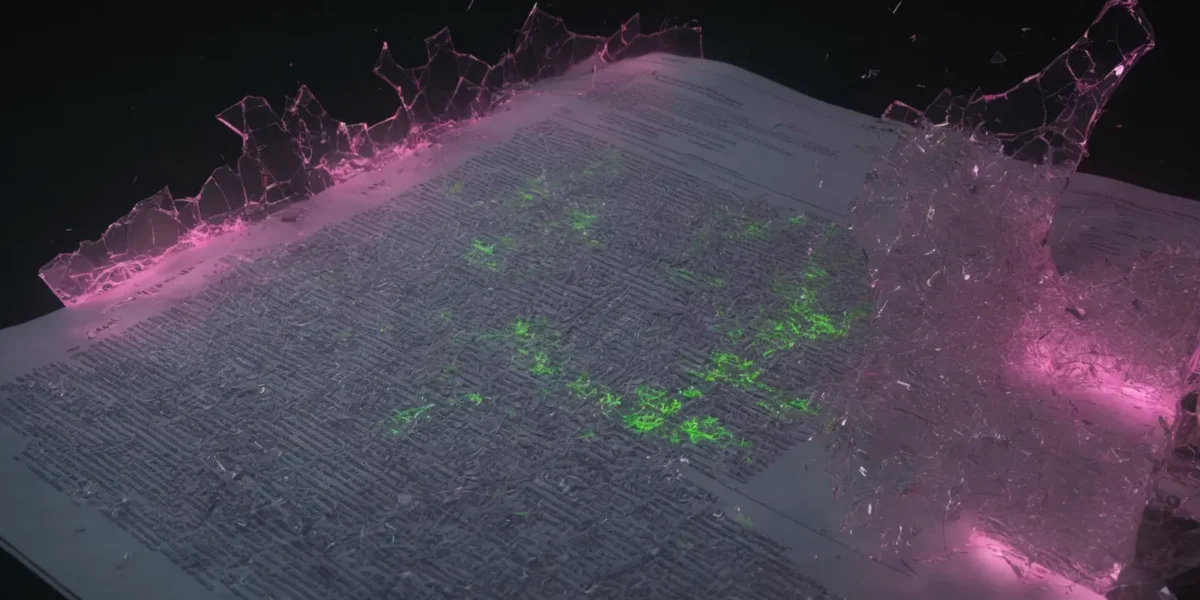 Un documento fitto di testo è attraversato da fratture luminose rosa e segni verdi, evocando rischi di conformità normativa.