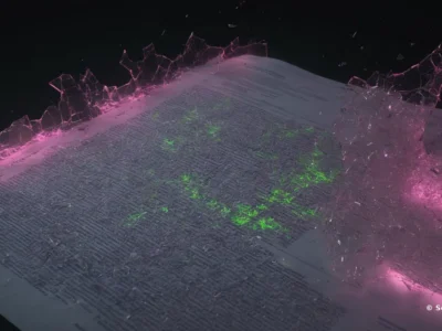 Un documento fitto di testo è attraversato da fratture luminose rosa e segni verdi, evocando rischi di conformità normativa.