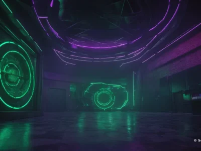 Un ambiente futuristico mostra strutture circolari illuminate di verde, pannelli tecnologici e la firma Scudo231.it in basso a destra.
