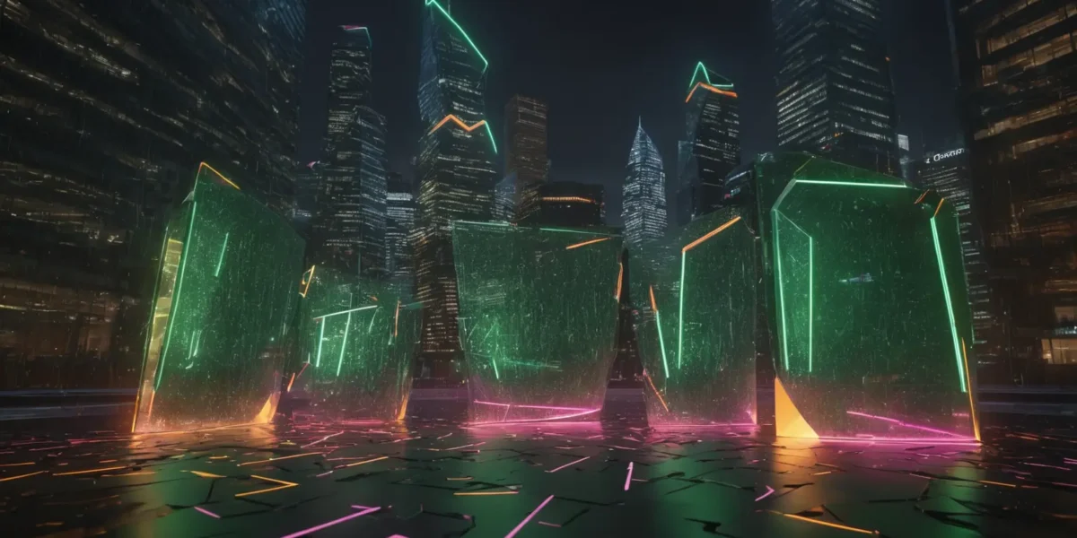 Una città di grattacieli notturni fa da sfondo a grandi strutture geometriche verdi, delineate da neon rosa e arancioni, nel marchio Scudo231.it.