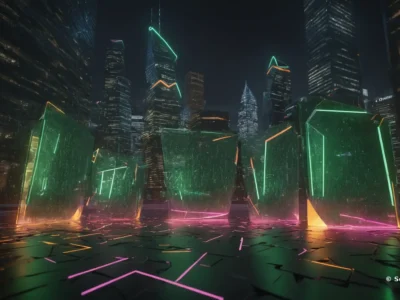 Una città di grattacieli notturni fa da sfondo a grandi strutture geometriche verdi, delineate da neon rosa e arancioni, nel marchio Scudo231.it.