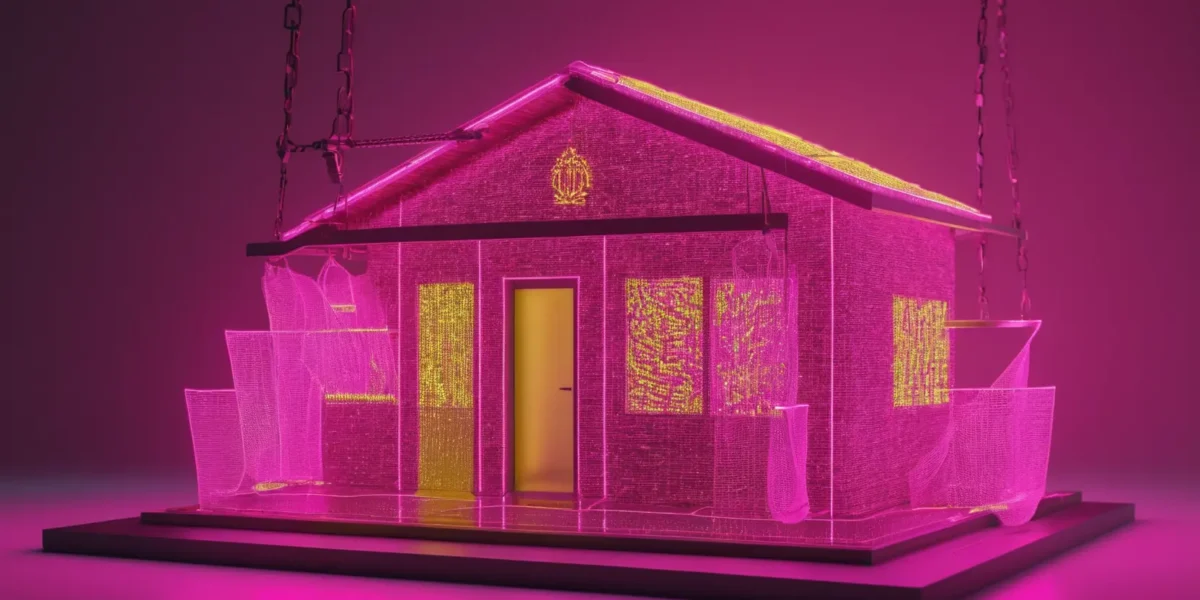 Una casa stilizzata sospesa a catene presenta finestre gialle illuminate, una porta centrale e la firma Scudo231.it in basso.