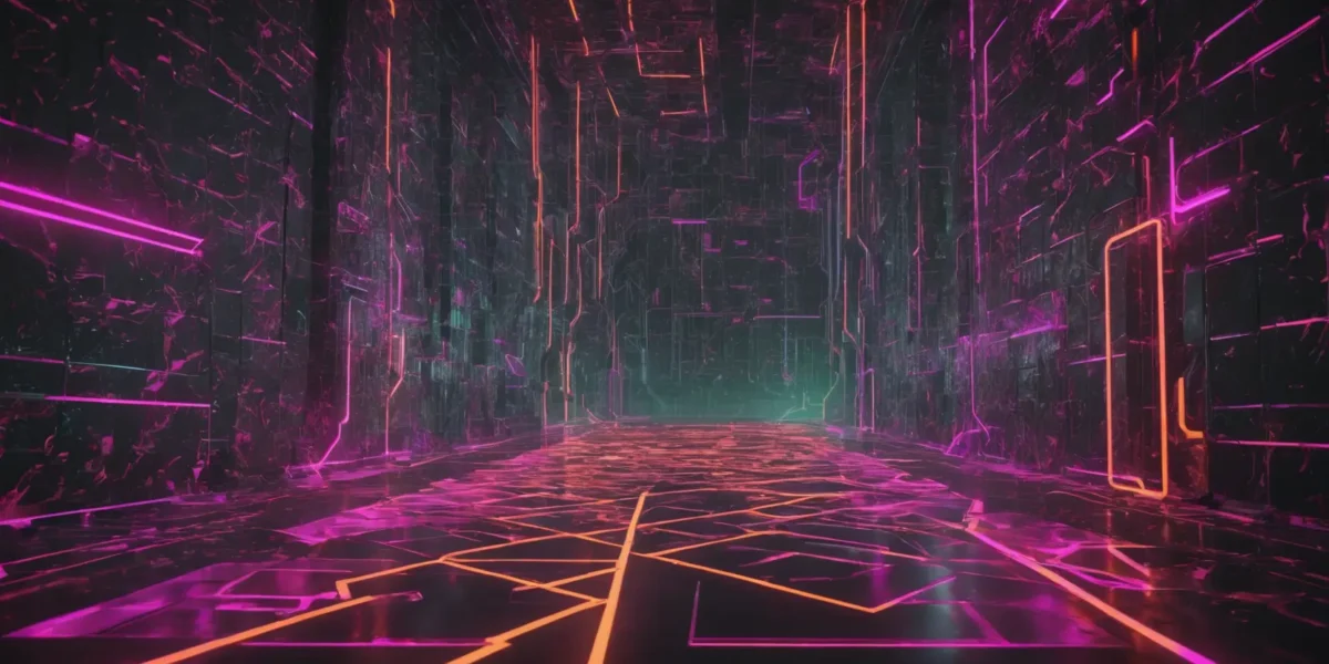 Un corridoio digitale scuro si apre su un punto di fuga verde, con linee luminose magenta e arancioni e il marchio Scudo231.it.