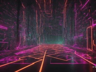 Un corridoio digitale scuro si apre su un punto di fuga verde, con linee luminose magenta e arancioni e il marchio Scudo231.it.