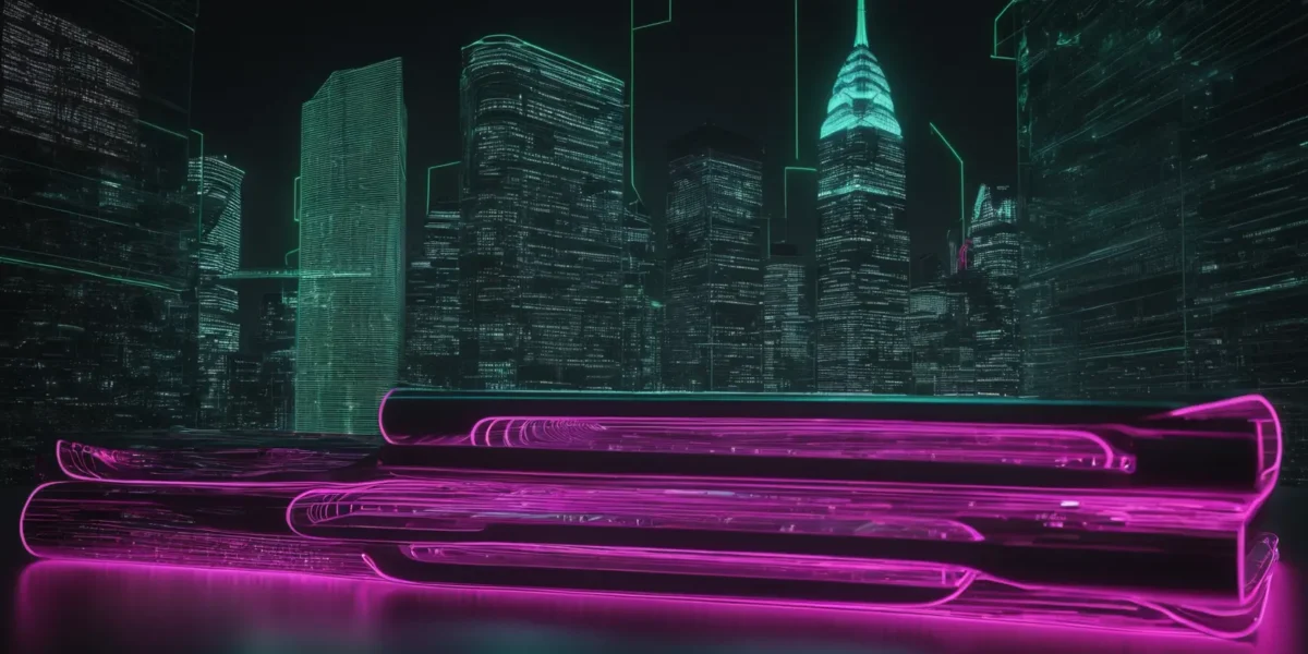 Grattacieli scuri con luci verdi e turchesi compongono una skyline futuristica, dietro strutture digitali luminose color magenta.