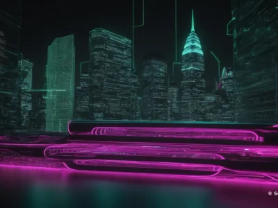 Grattacieli scuri con luci verdi e turchesi compongono una skyline futuristica, dietro strutture digitali luminose color magenta.