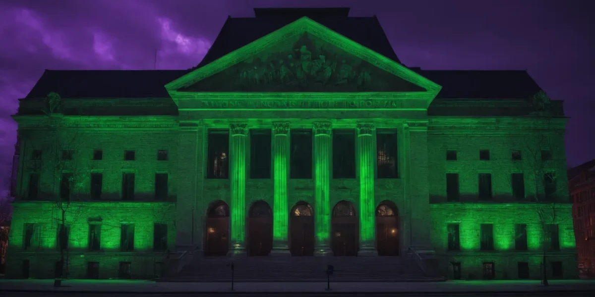 La facciata monumentale di un edificio classico è illuminata di verde sotto un cielo viola; in basso compare la firma Scudo231.it.