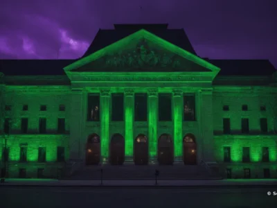 La facciata monumentale di un edificio classico è illuminata di verde sotto un cielo viola; in basso compare la firma Scudo231.it.