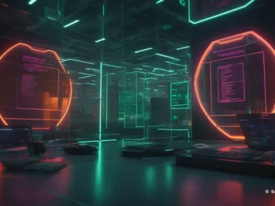 Una sala tecnologica mostra postazioni informatiche e pannelli digitali con schermate di codice, firmati Scudo231.it.